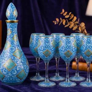 Blue Arabian Decanter & 6 Goblet Glass Set MS Department Store Oman