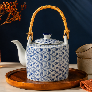 Japanese Blue Pattern Ceramic Teapot With Bamboo Handle MS Department Store Oman