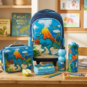 SCHOOL BAG TROLLEY 18" WITH LUNCH BAG, PENCIL CASE, DINNER SET & WATER BOTTLE WITH DRAGON PRINT