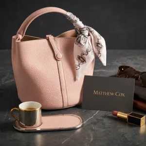 Blush Pink Textured Top Handle Handbag with Printed Scarf Accent MS Department Store Oman
