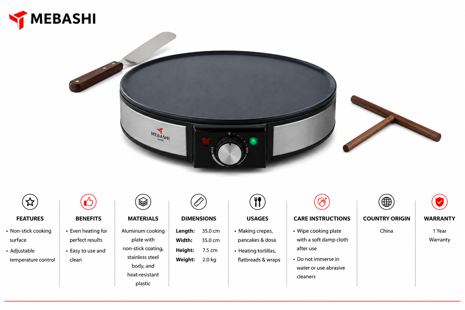 Mebashi Crepe Maker (30cm; Black) MS Department Store Oman
