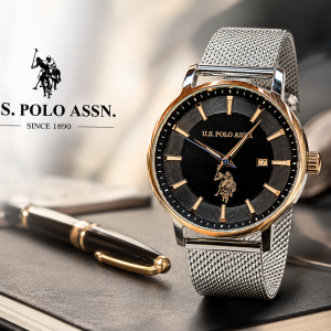 U.S. Polo Assn. Black Dial Two-Tone Mesh Strap Watch MS Department Store Oman