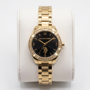 US Polo Black Dial Gold Tone Crystal Bezel Watch MS Department Store Oman
