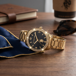 U.S. Polo Assn. Black Dial Gold-Tone Crystal Bezel Watch MS Department Store Oman