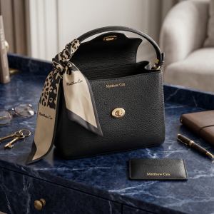 Women's Black Top Handle Crossbody Handbag with Printed Scarf Accent MS Department Store Oman