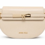 ANGEL POLO Beige Nude Half-Moon Crossbody Bag with Gold Bar Lock
