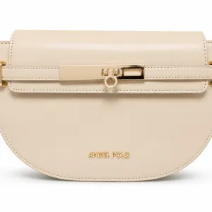 ANGEL POLO Beige Nude Half-Moon Crossbody Bag with Gold Bar Lock