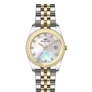 Ferro Ladies Two-Tone Analog Wrist Watch – Mother-of-Pearl Dial & Date Window MS Department Store Oman