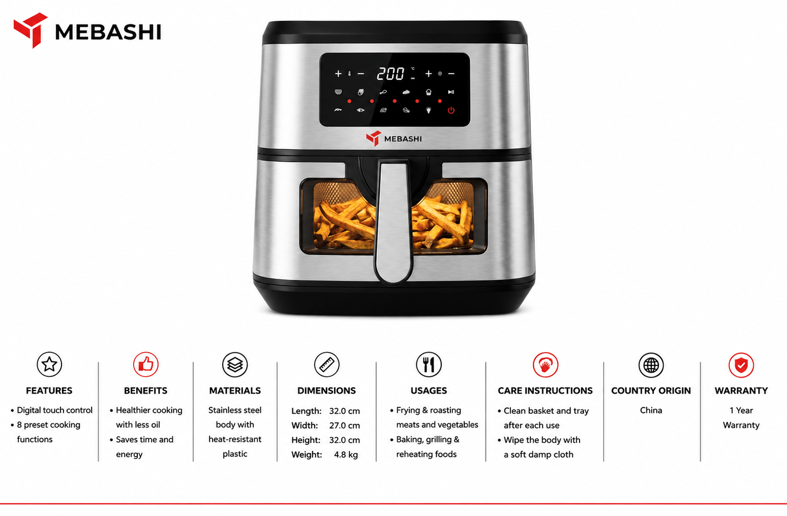 Mebashi Air Fryer w/ Glass Window Touch(7.5L;9Prgm;Blk SS) MS Department Store Oman