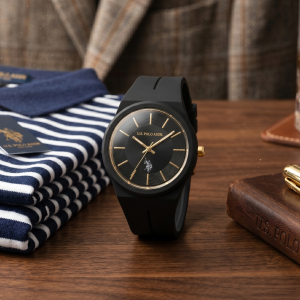 U.S. Polo Assn. Black Dial Gold Accent Silicone Strap Watch MS Department Store Oman