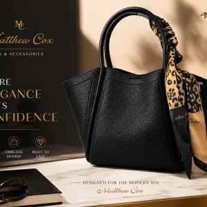 Women's Black Textured Tote Handbag with Leopard Print Scarf MS Department Store Oman