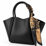 Women's Black Textured Tote Handbag with Leopard Print Scarf MS Department Store Oman