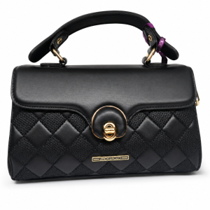 ANGELPOLO Classic Black Quilted Top-Handle Satchel with Turn-Lock Closure