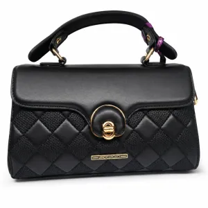 ANGELPOLO Classic Black Quilted Top-Handle Satchel with Turn-Lock Closure