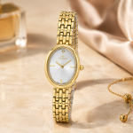 Ferro Women's Gold-Tone Oval Analog Wrist Watch with Silver Sunray Dial & Stainless Steel Bracelet MS Department Store Oman
