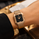 Quartz Women'S Watch | Square Black Analog Dial With Rose Gold Case And Stainless Steel Mesh Bracelet MS Department Store Oman