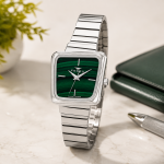 Ferro Women's Silver Stainless Steel Square Analog Watch with Green Dial MS Department Store Oman