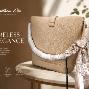 Ladies Beige Textured Crossbody Shoulder Bag with Printed Scarf Accent MS Department Store Oman