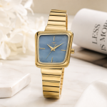 Ferro Women’s Gold Tone Square Dial Watch with Blue Face Stainless Steel Strap MS Department Store Oman