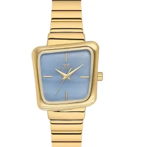 Ferro Women’s Gold Tone Square Dial Watch with Blue Face Stainless Steel Strap MS Department Store Oman