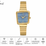 Ferro Women’s Gold Tone Square Dial Watch with Blue Face Stainless Steel Strap MS Department Store Oman