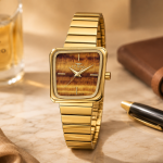 Ferro Women's Gold-Tone Square Analog Watch with Brown Textured Dial & Metal Bracelet MS Department Store Oman