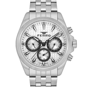 Ferro Men's Silver Stainless Steel Multi-Function Analog Watch – White Textured Dial MS Department Store Oman