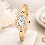 Ferro Women's Oval Gold-Tone Stainless Steel Analog Watch with White Roman Dial – Elegant Bangle Bracelet MS Department Store Oman