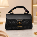 ANGELPOLO Classic Black Quilted Top-Handle Satchel with Turn-Lock Closure