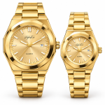 Blue Signature Men's & Women's Gold-Tone Matching Couple Quartz Watch Set with Gold Dial