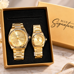 Blue Signature Men's & Women's Gold-Tone Matching Couple Quartz Watch Set with Gold Dial