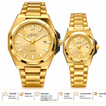 Blue Signature Men's & Women's Gold-Tone Matching Couple Quartz Watch Set with Gold Dial