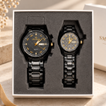 Blue Signature Men's & Women's Black-Tone Matching Couple Quartz Watch Set with Gold Accents