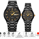 Blue Signature Men's & Women's Black-Tone Matching Couple Quartz Watch Set with Gold Accents