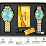Blue Signature Men's & Women's Two-Tone Silver & Gold Couple Watch Gift Set with Turquoise Blue Dials