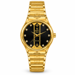Blue Signature Men's Gold-Tone Black Dial Analog Watch with Stone Markers