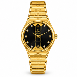 Blue Signature Men's Gold-Tone Black Dial Analog Watch with Stone Markers