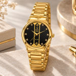 Blue Signature Men's Gold-Tone Black Dial Analog Watch with Stone Markers