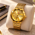 Blue Signature Men's Gold-Tone Analog Watch with Gold Dial & Day-Date Display