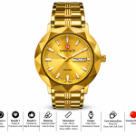Blue Signature Men's Gold-Tone Analog Watch with Gold Dial & Day-Date Display