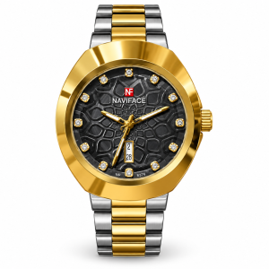 Blue Signature Men's Two-Tone Silver & Gold Analog Watch with Black Textured Dial and Date Display