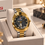Blue Signature Men's Two-Tone Silver & Gold Analog Watch with Black Textured Dial and Date Display