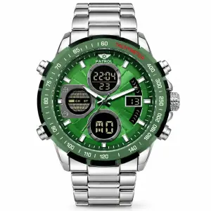 Blue Signature Men's Silver-Tone Analog-Digital Multifunction Watch with Green Dial & Tachymeter Bezel