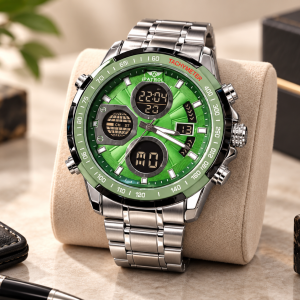 Blue Signature Men's Silver-Tone Analog-Digital Multifunction Watch with Green Dial & Tachymeter Bezel