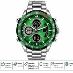 Blue Signature Men's Silver-Tone Analog-Digital Multifunction Watch with Green Dial & Tachymeter Bezel