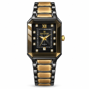Blue Signature Women's Black & Gold-Tone Rectangular Dial Quartz Watch with Stone Accents
