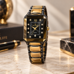 Blue Signature Women's Black & Gold-Tone Rectangular Dial Quartz Watch with Stone Accents