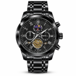 Blue Signature Men's Black-Tone Multifunction Analog Watch with Black Dial, Moonphase Display & Open Heart Design
