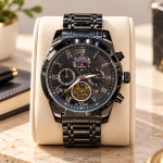 Blue Signature Men's Black-Tone Multifunction Analog Watch with Black Dial, Moonphase Display & Open Heart Design