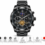 Blue Signature Men's Black-Tone Multifunction Analog Watch with Black Dial, Moonphase Display & Open Heart Design